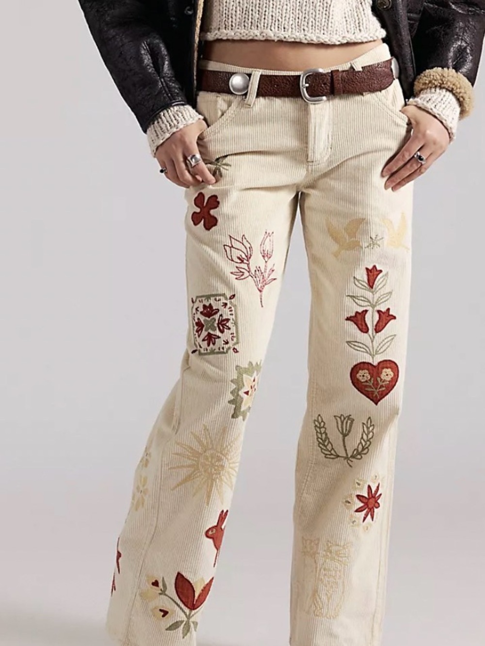 NWT Women's Free People Corduroy Embroidered Cream WideLeg Women’s Jeans Size 28